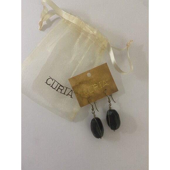 Curia Semi Precious Stone Black Dangle Hook Earrings Jewelry - Picture 5 of 6